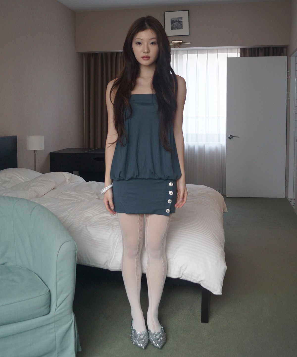 뮤즈뮤지엄(MUSEMUSEUM) Shirred Button Dress_Petrol Blue