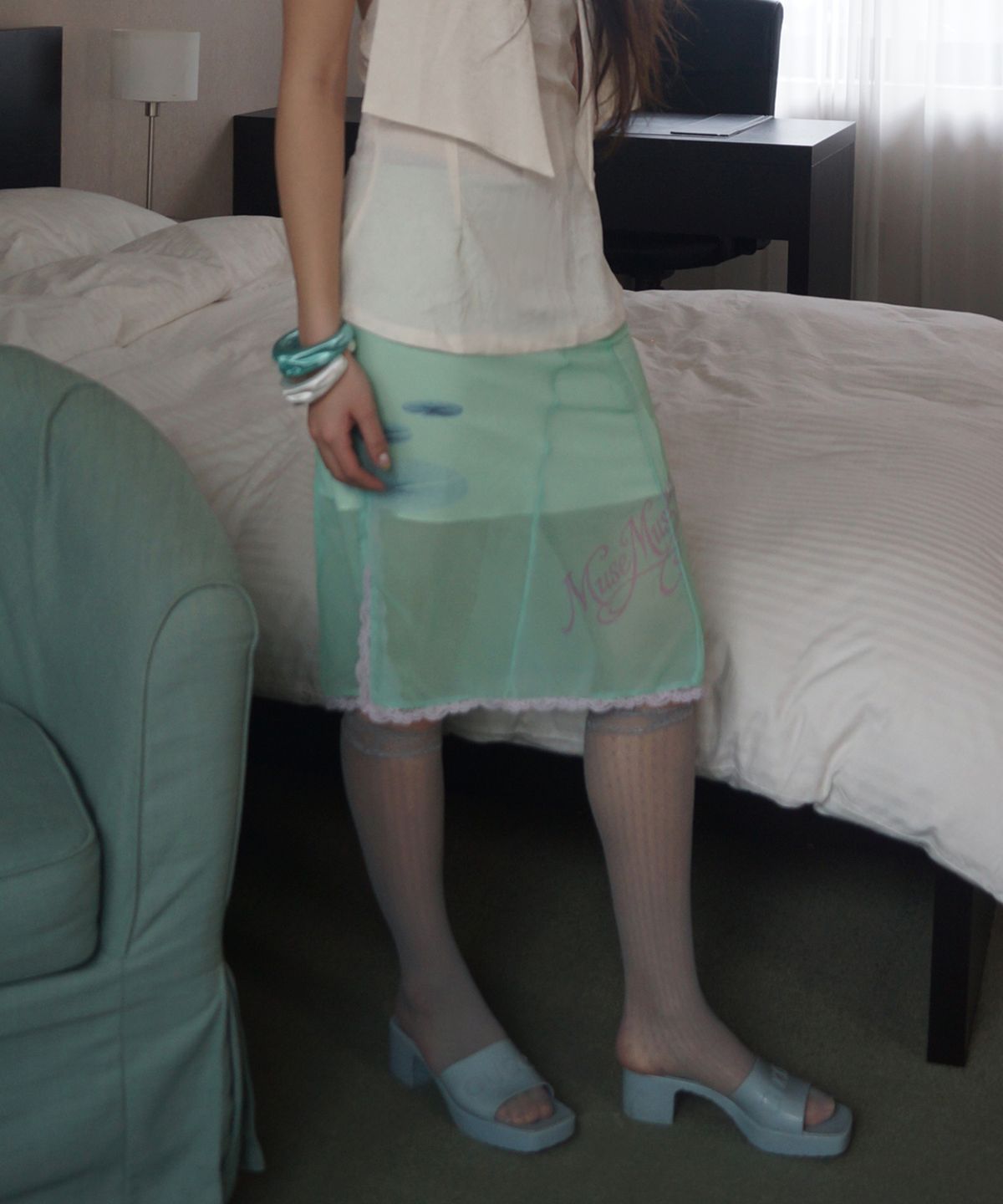 뮤즈뮤지엄(MUSEMUSEUM) Printed Midi Lace Skirt _Mint
