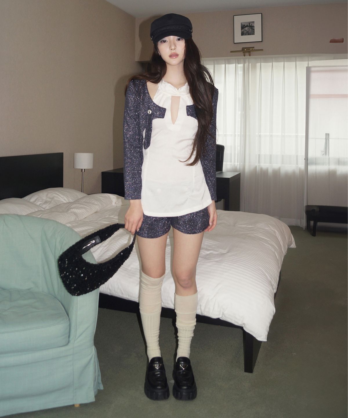 뮤즈뮤지엄(MUSEMUSEUM) Metallic Button Tab Cardigan_Navy
