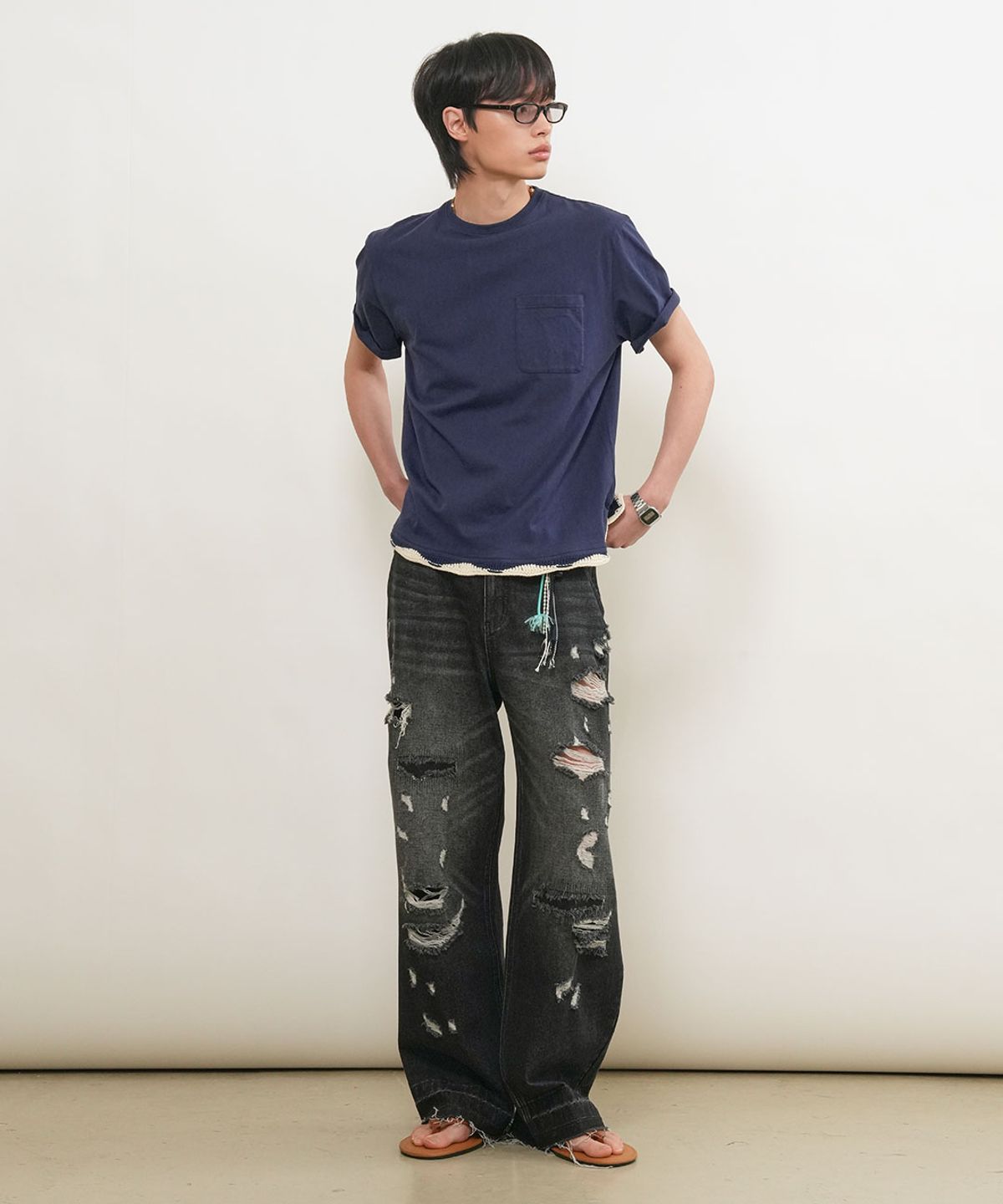 제너럴아이디어(GENERALIDEA) UNISEX 핸드 니트 레이어드 티셔츠 [2COL] / GF1UTS007