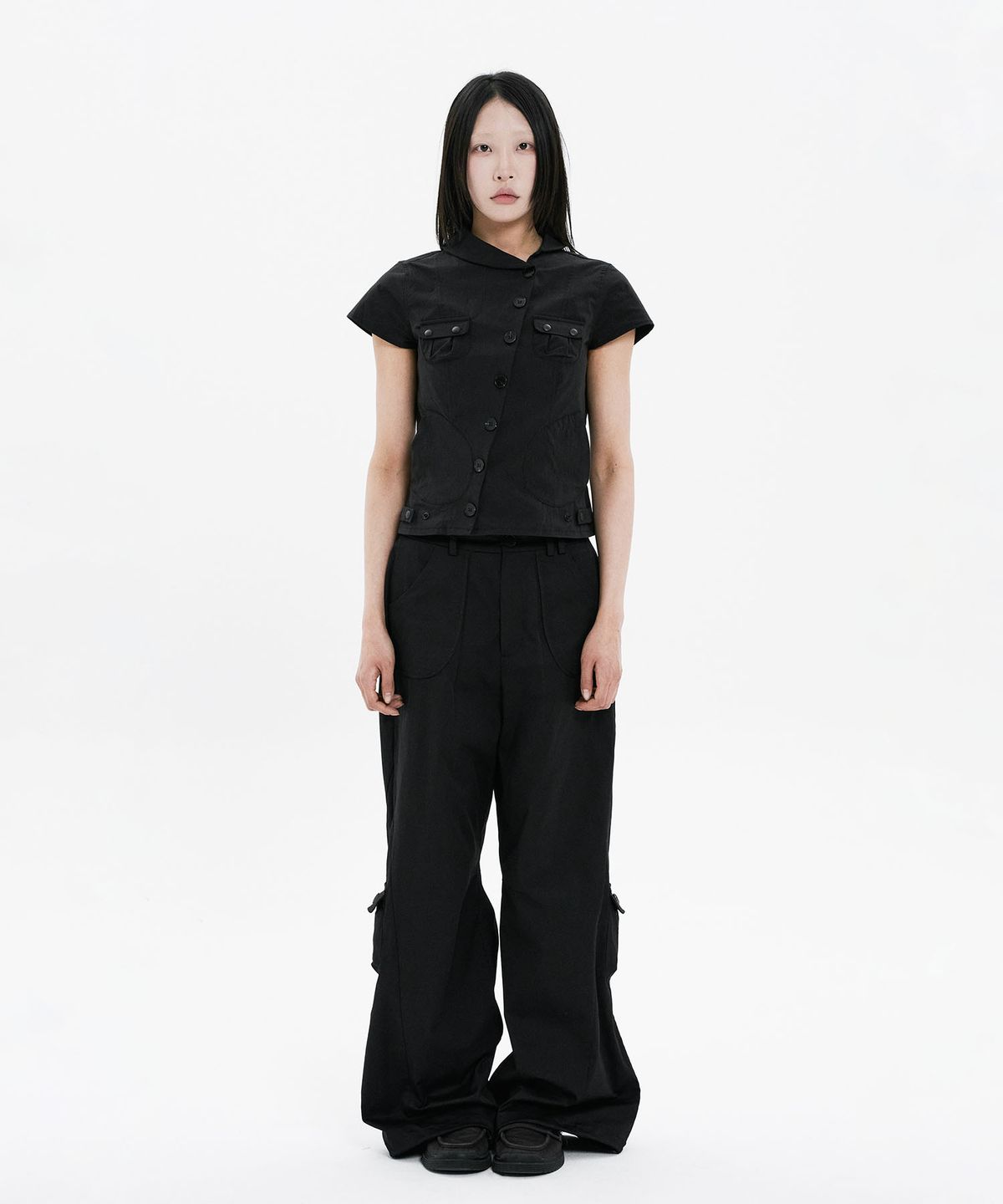 하나히(HANAHI) Side shirring pocket wide pants BLACK