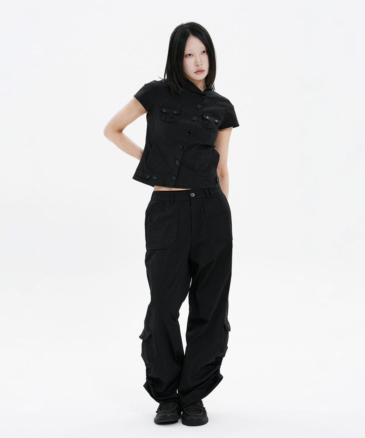 하나히(HANAHI) Side shirring pocket wide pants BLACK