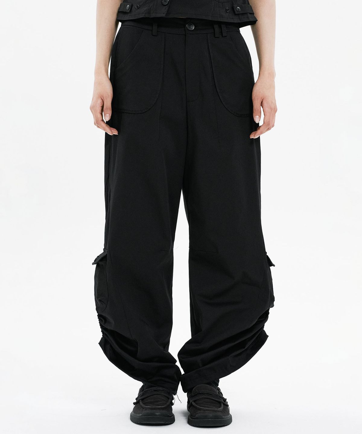 하나히(HANAHI) Side shirring pocket wide pants BLACK