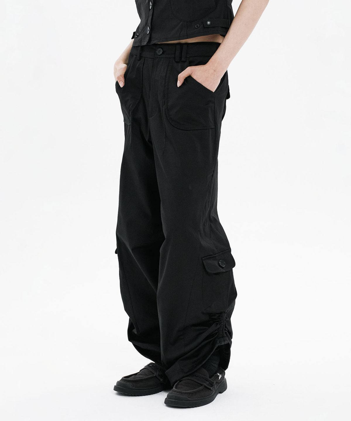 하나히(HANAHI) Side shirring pocket wide pants BLACK