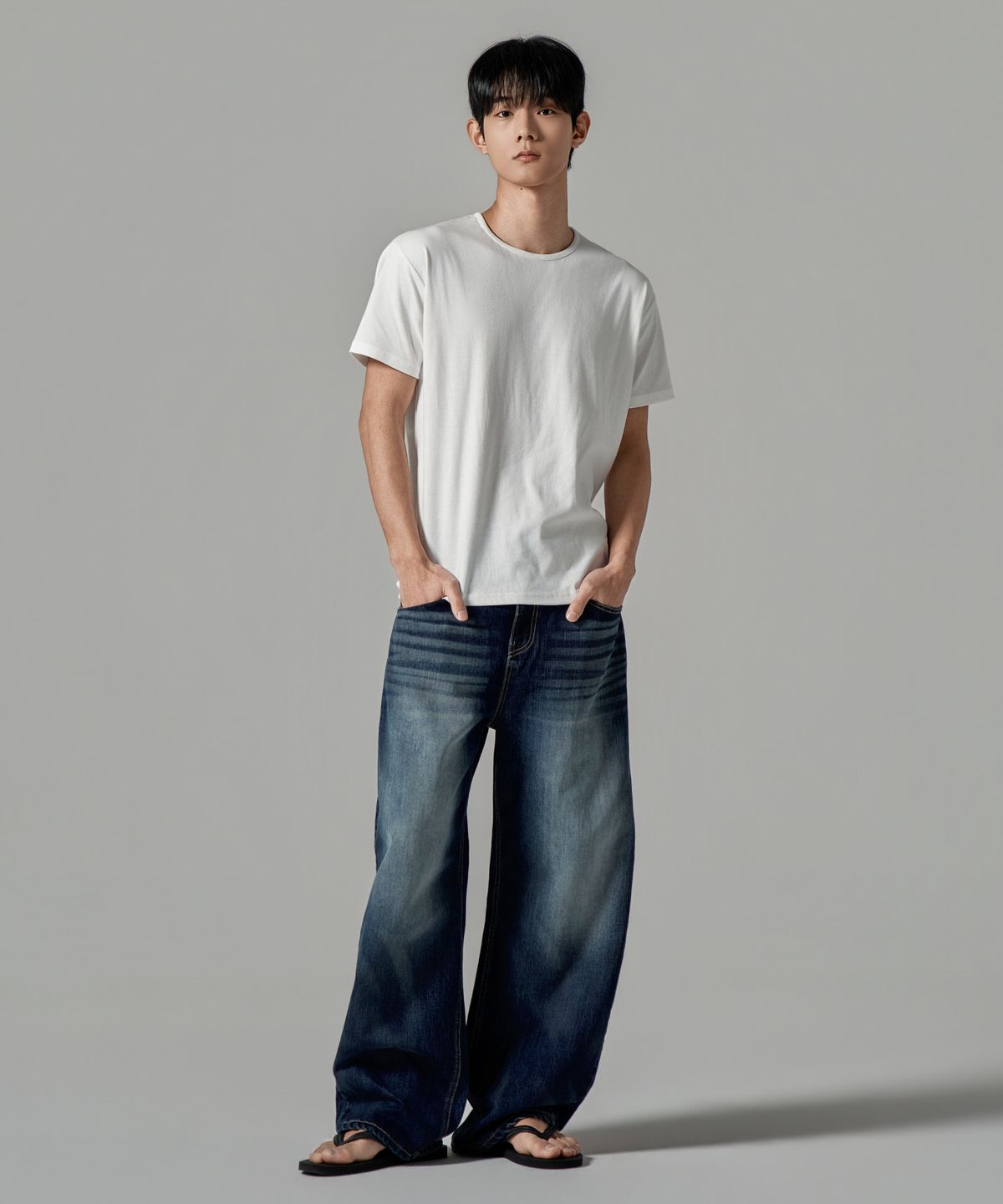 와르(WAAR) M289 레이저 워싱 와이드 데님 팬츠_딥 블루