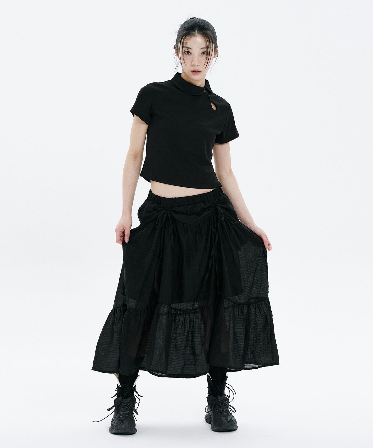 하나히(HANAHI) Front shirred tiered skirt BLACK