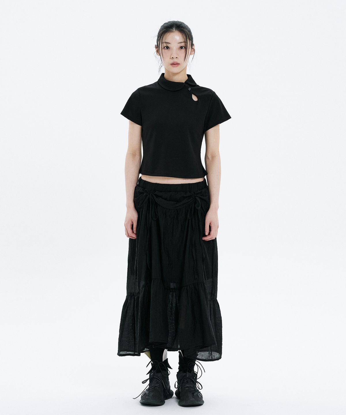 하나히(HANAHI) Front shirred tiered skirt BLACK