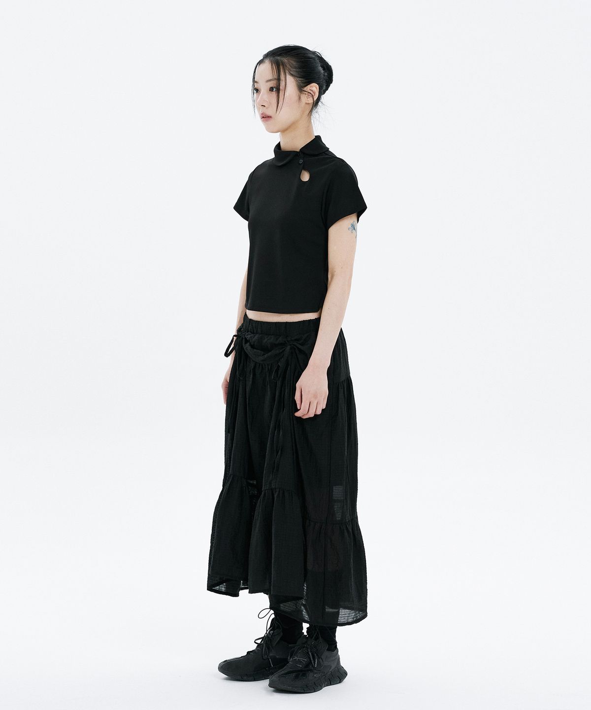 하나히(HANAHI) Front shirred tiered skirt BLACK