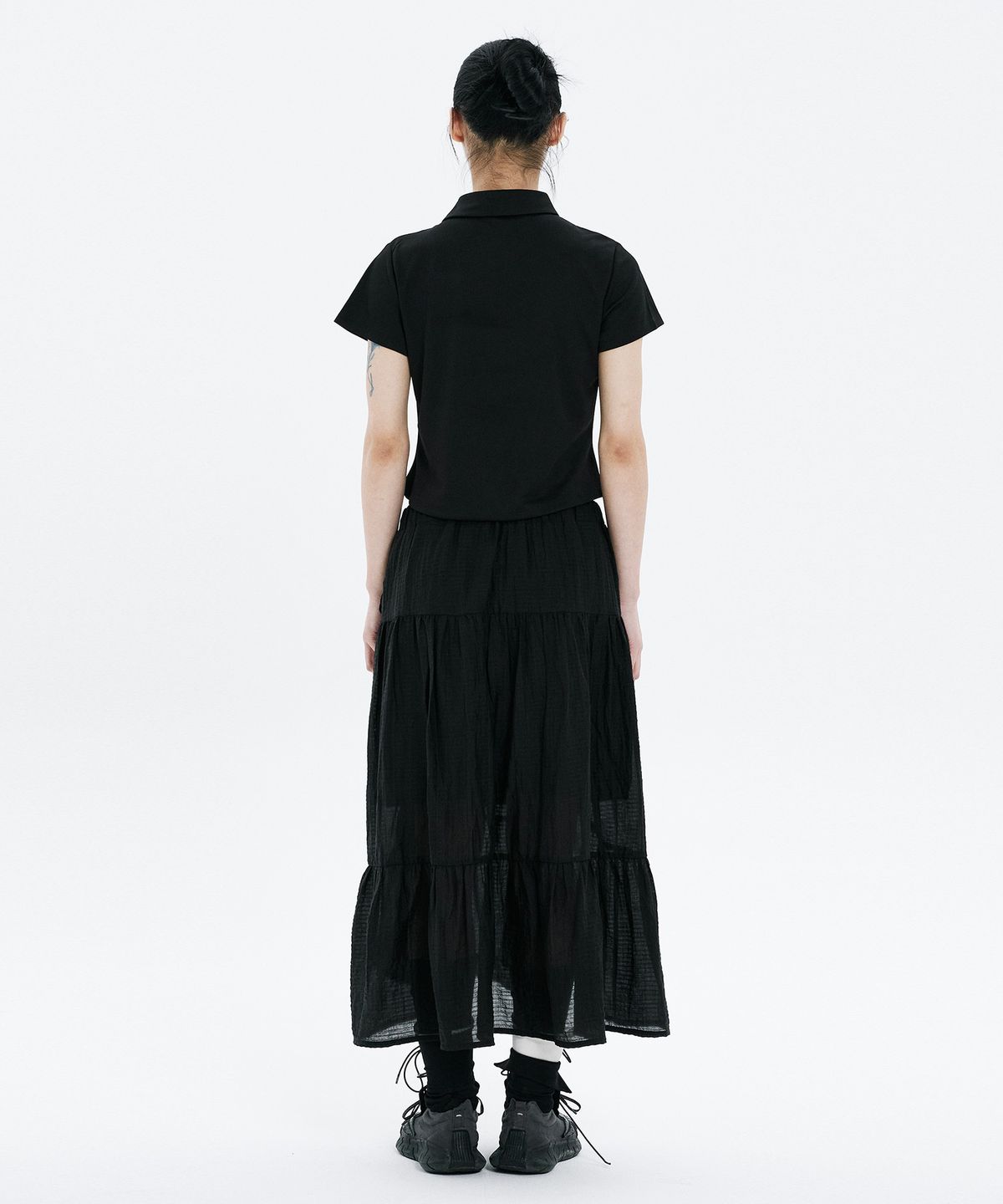 하나히(HANAHI) Front shirred tiered skirt BLACK
