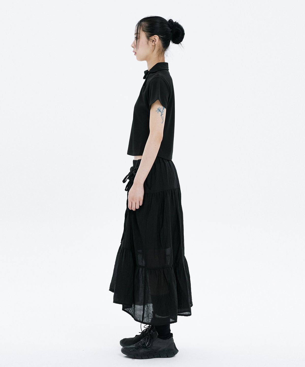 하나히(HANAHI) Front shirred tiered skirt BLACK