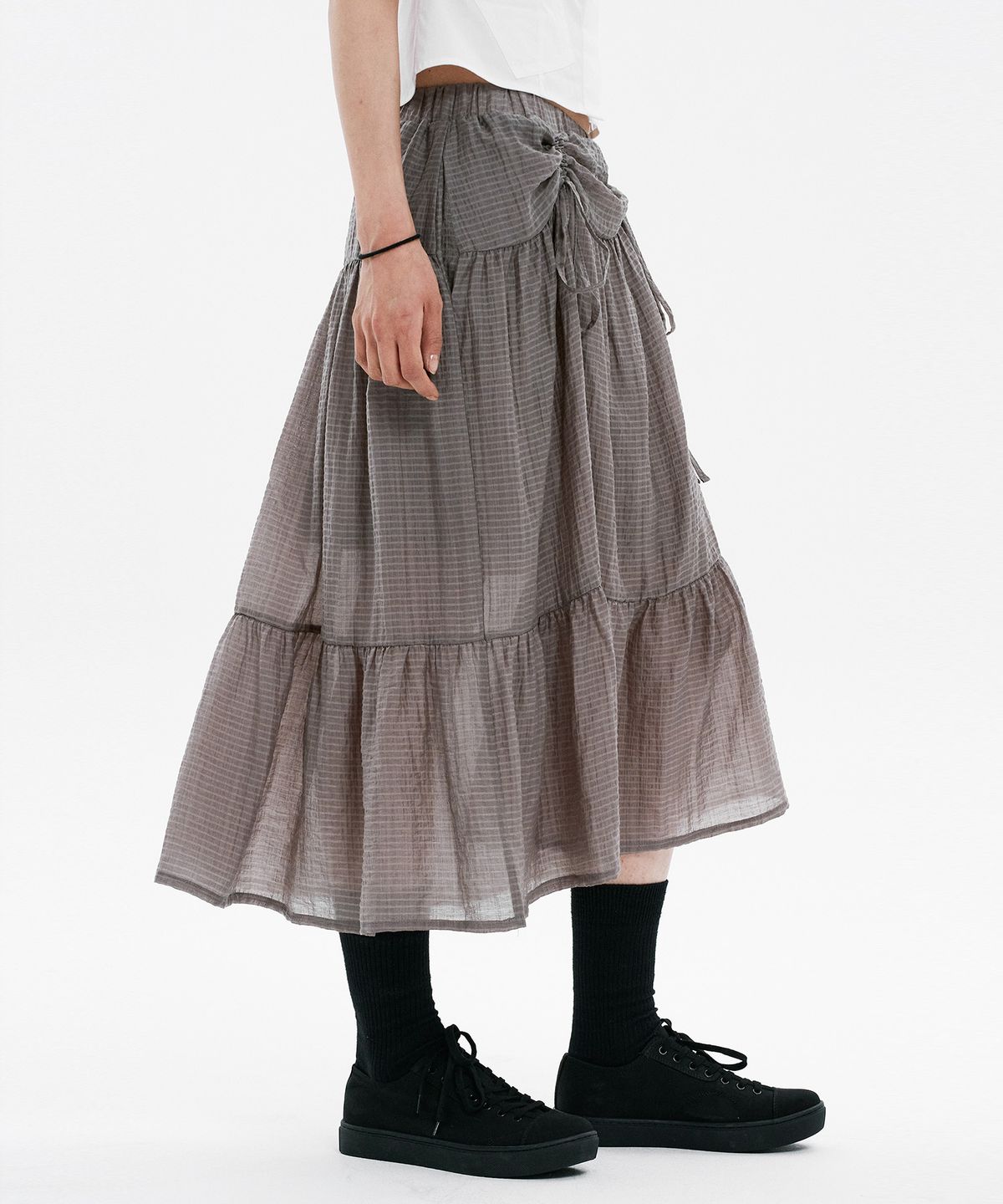 하나히(HANAHI) Front shirred tiered skirt GREY