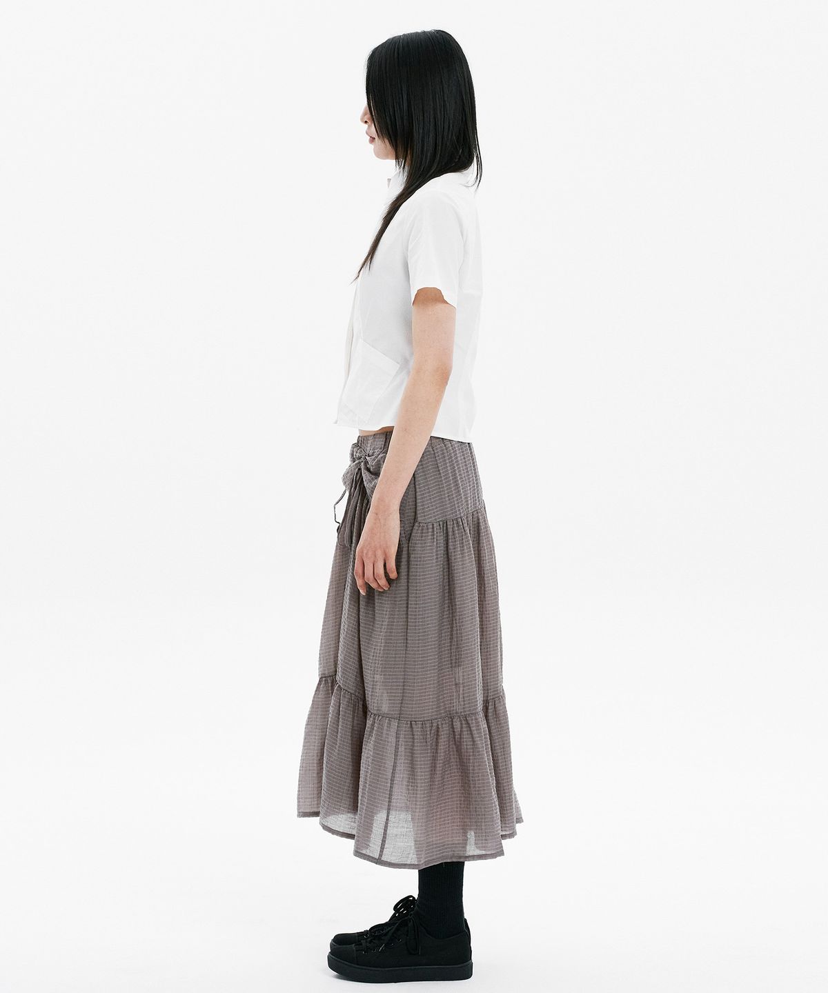 하나히(HANAHI) Front shirred tiered skirt GREY