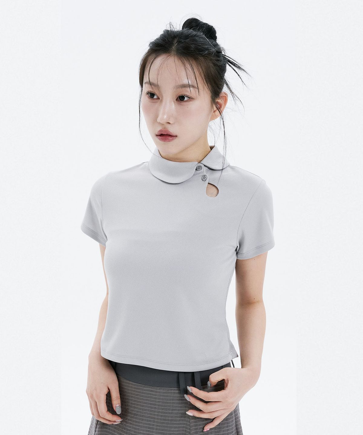 하나히(HANAHI) Polka dot round collar tee GREY