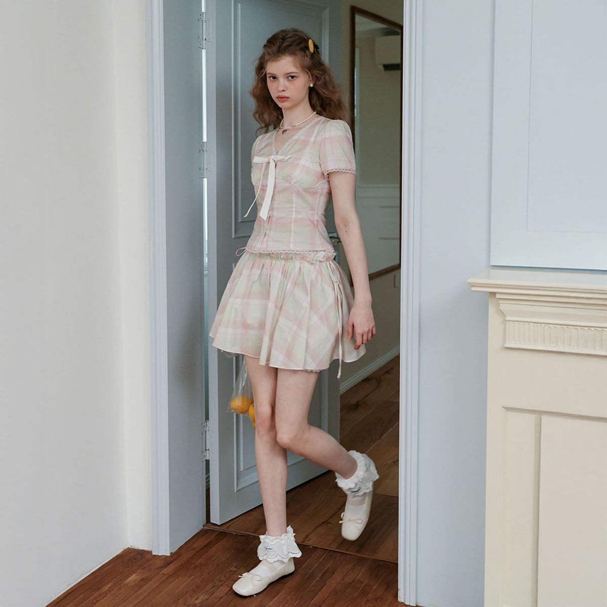 쎄무아듀(CEST MOIDEW) Cest_Plaid ribbon ruffle skirt