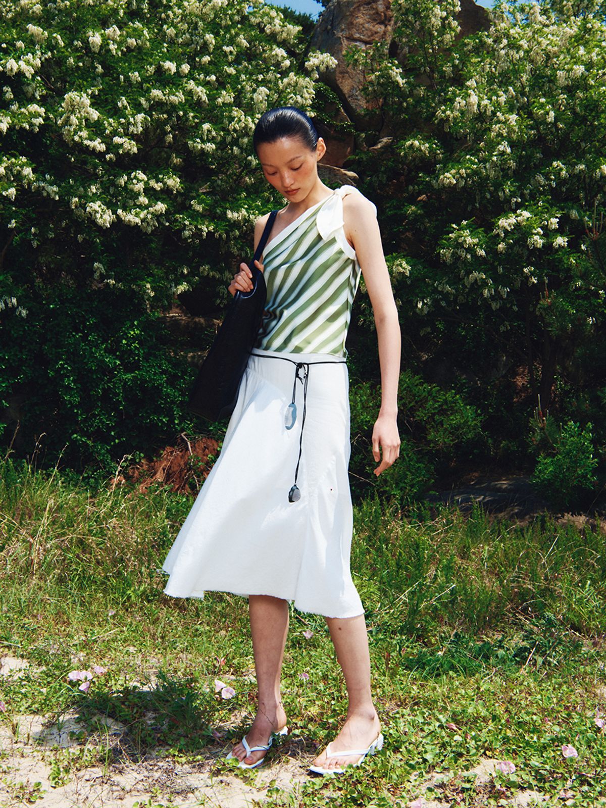 기준(KIJUN) Stripe Scarf Top Olive Green