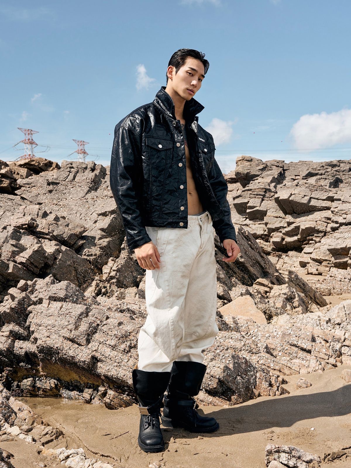 아웃오브(OUTOF) Distressed Leather Jacket