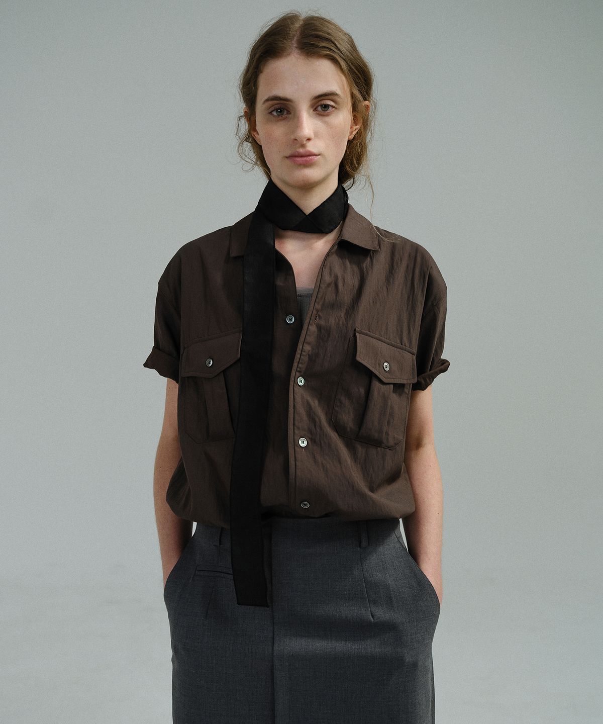 아우브아워(AUBOUR) wrinkled lapel shirts (brown)