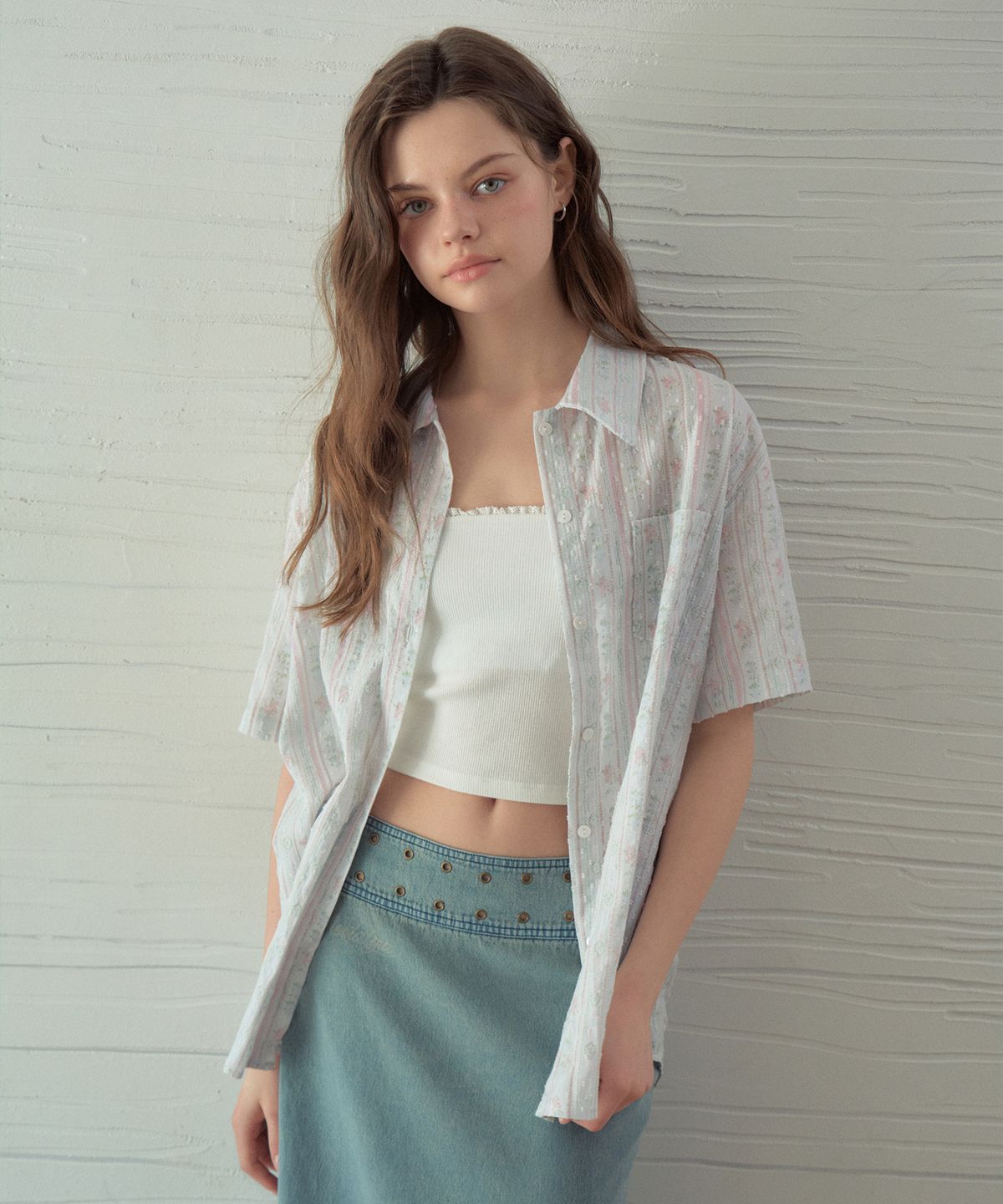 아우어노스텔지아(OURNOSTALGIA) Vintage Floral Half Shirt_Pink(OB6SH03)