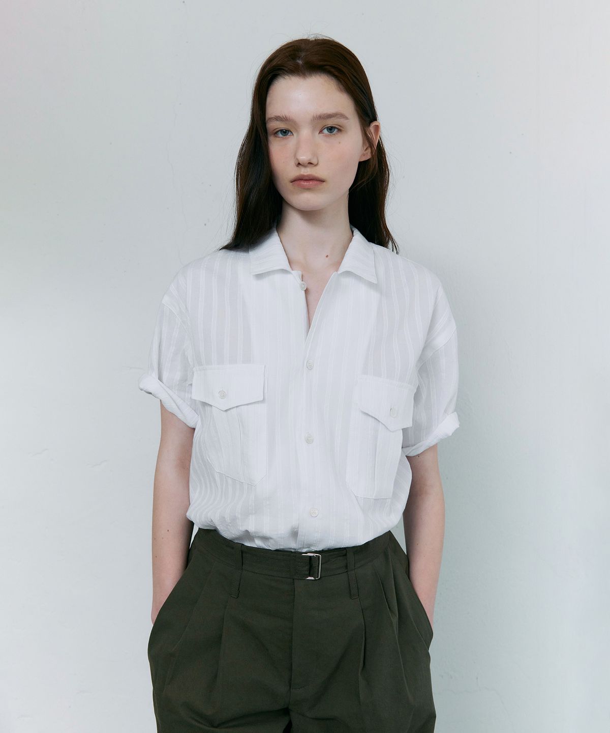 아우브아워(AUBOUR) wrinkled lapel shirts (white stripe)