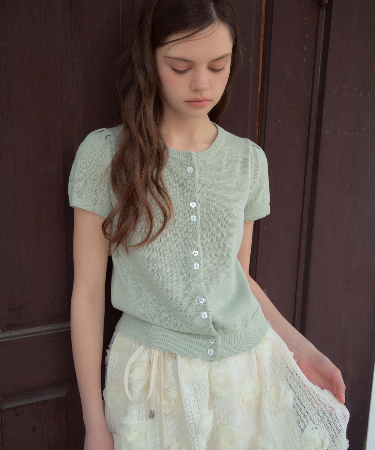 아우어노스텔지아(OURNOSTALGIA) Lovie Puff Knit Cardigan_Soft Mint(OC26KN23)