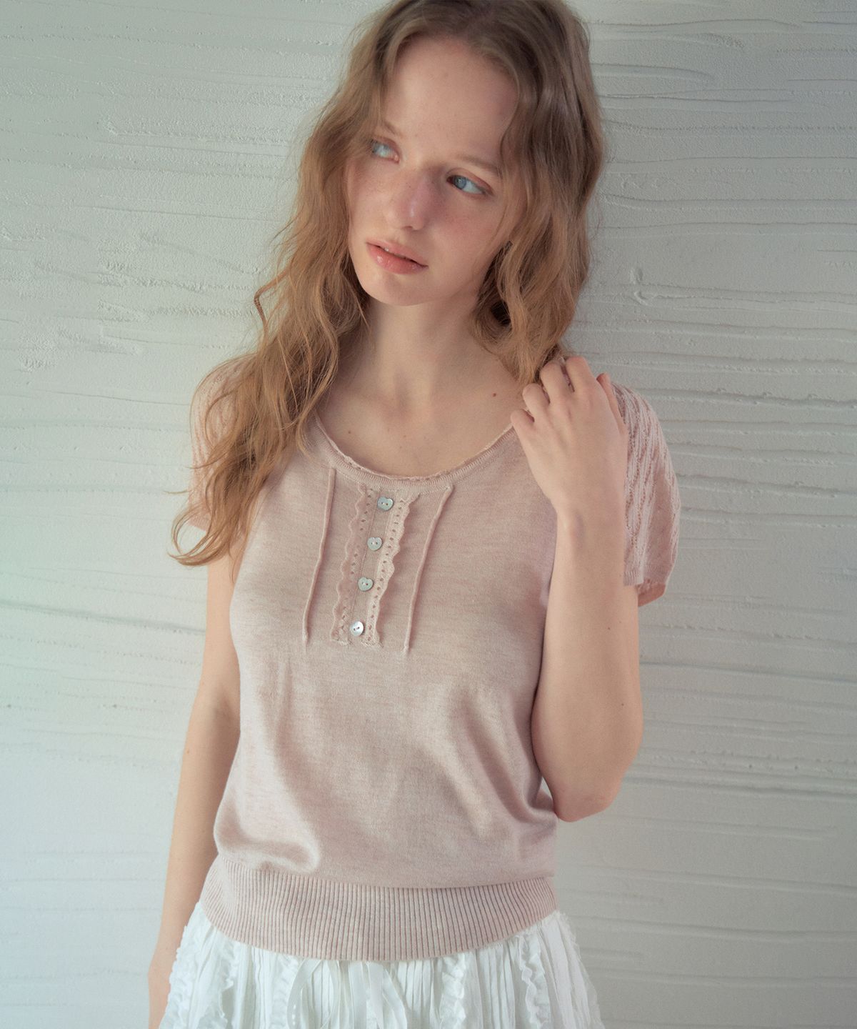 아우어노스텔지아(OURNOSTALGIA) Rielle Summer Wool Half Knit_Soft Pink(OC26KN25)