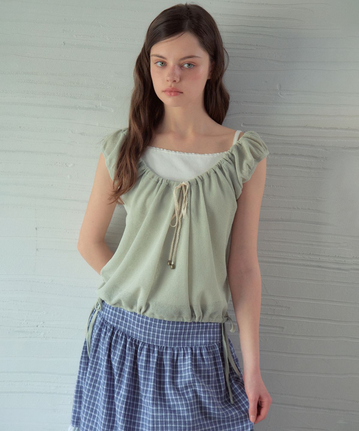 아우어노스텔지아(OURNOSTALGIA) Net Layered T-Shirt_Milk Green(OB6TP06)