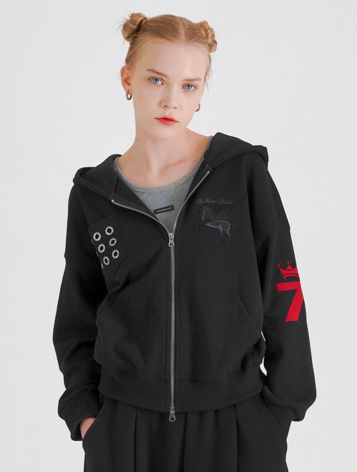라 메종 스튜디오(LA MAISON STUDIO) EYELET SEVEN HOODIE ZIP-UP BLACK/BLACKGRAY(FCG1ZP696M)