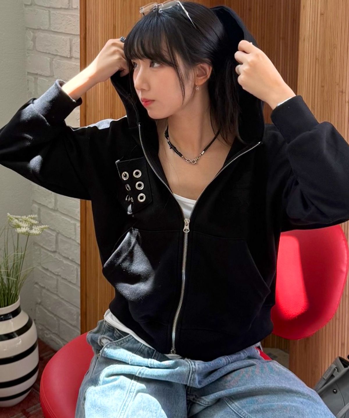 라 메종 스튜디오(LA MAISON STUDIO) EYELET SEVEN HOODIE ZIP-UP BLACK/BLACKGRAY(FCG1ZP696M)