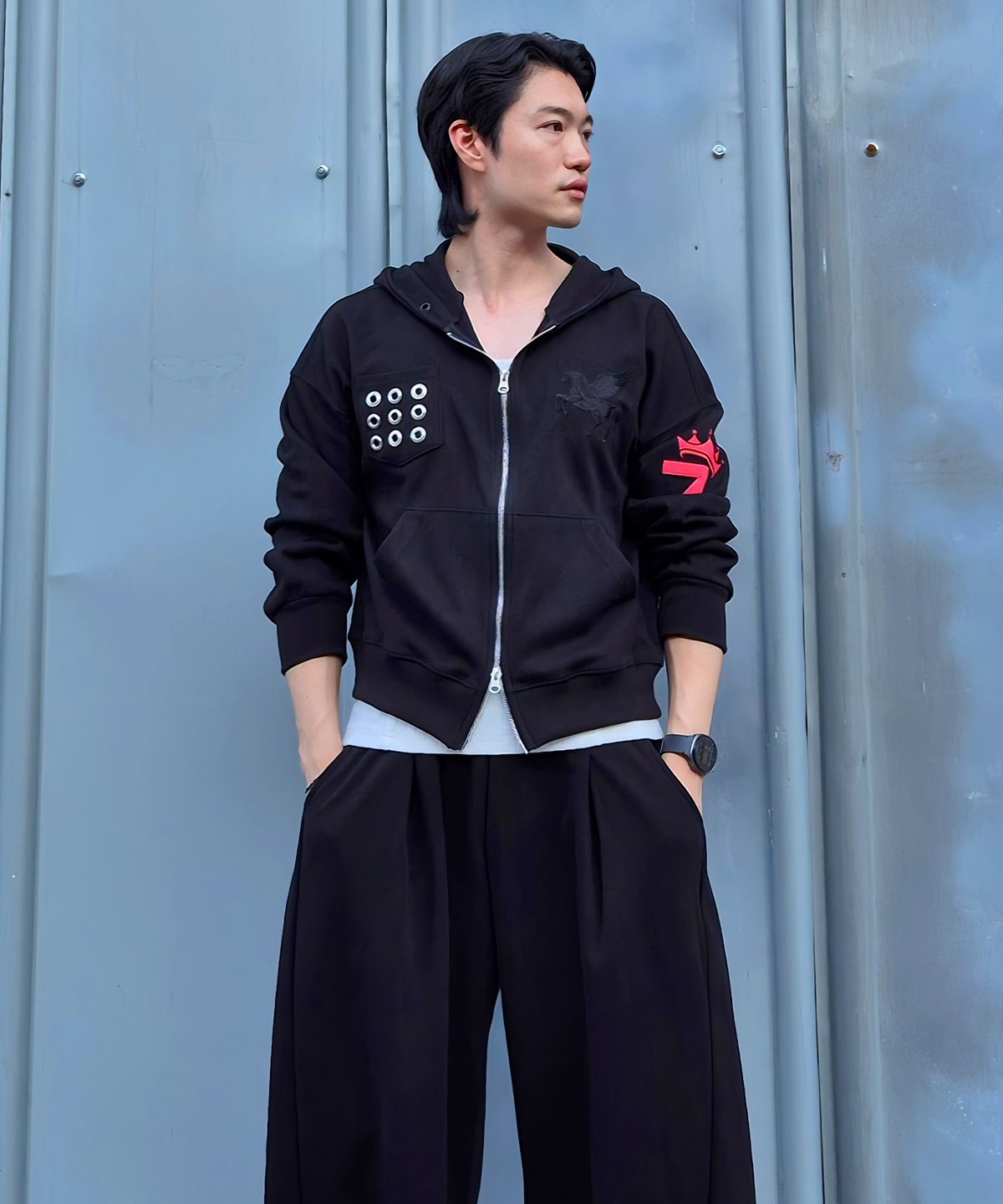 라 메종 스튜디오(LA MAISON STUDIO) EYELET SEVEN HOODIE ZIP-UP BLACK/BLACKGRAY(FCG1ZP696M)