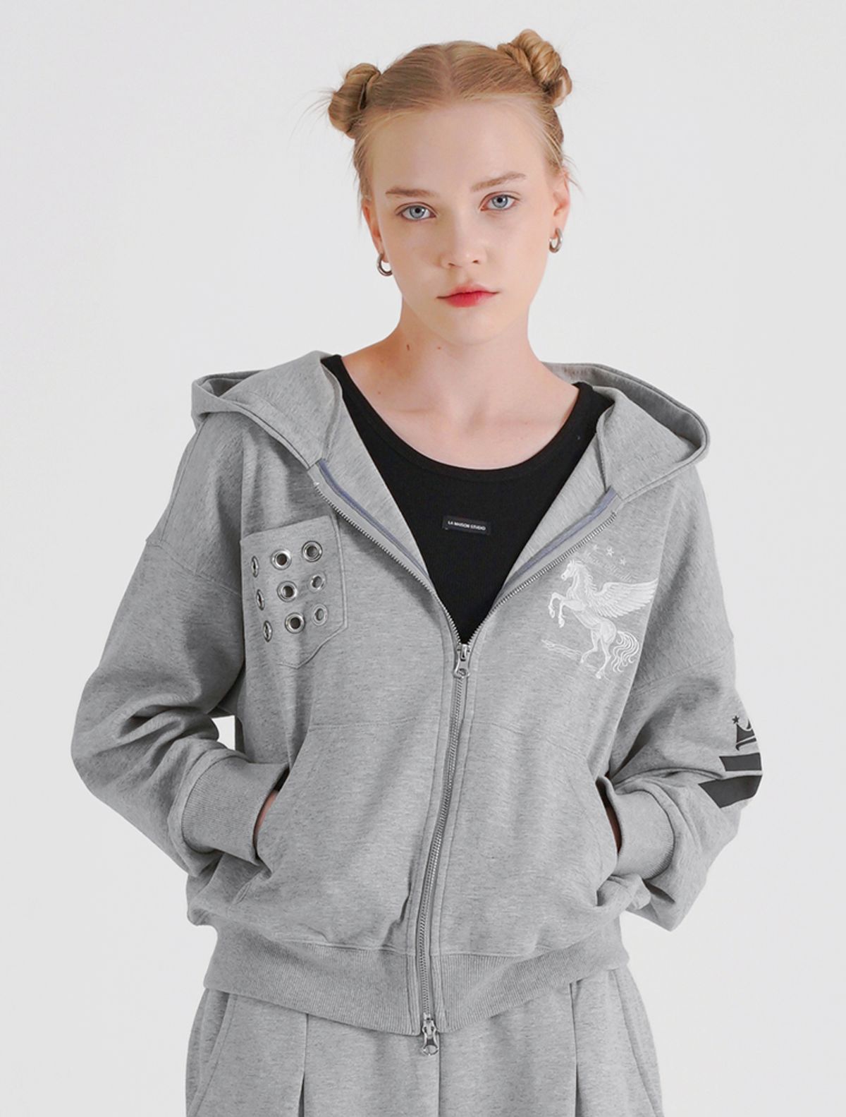 라 메종 스튜디오(LA MAISON STUDIO) EYELET SEVEN HOODIE ZIP-UP MELANGRAY/GRAYCREAM(FCG1ZP696M)