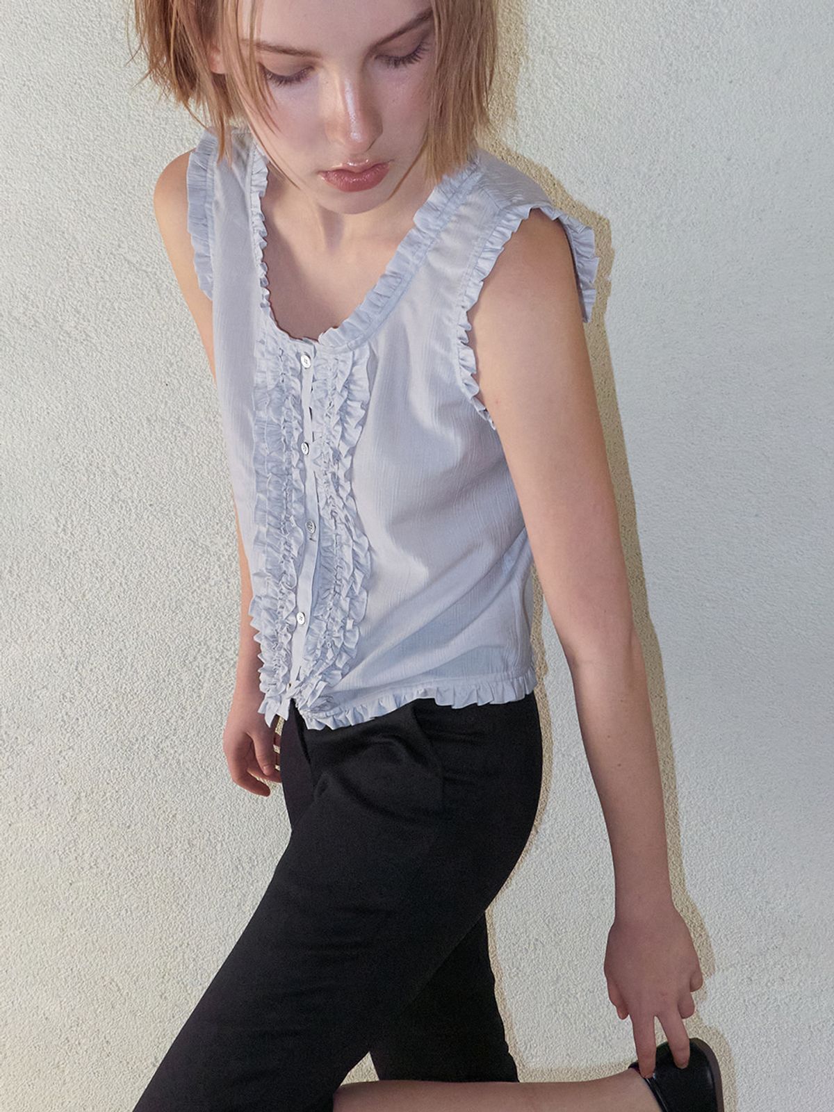 에트몽(ETMON) Double Frill Sleeveless Blouse, Blue Grey