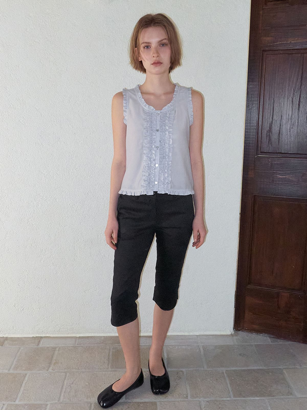 에트몽(ETMON) Double Frill Sleeveless Blouse, Blue Grey