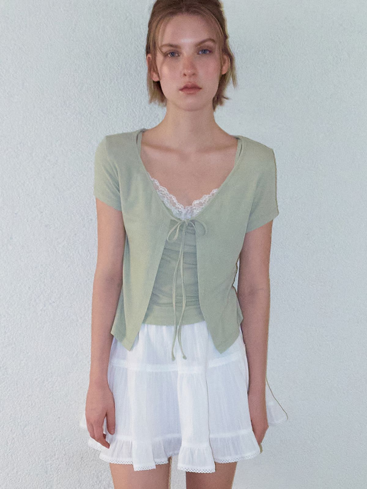 에트몽(ETMON) Lace Layered Cardigan T-Shirt, Light Green