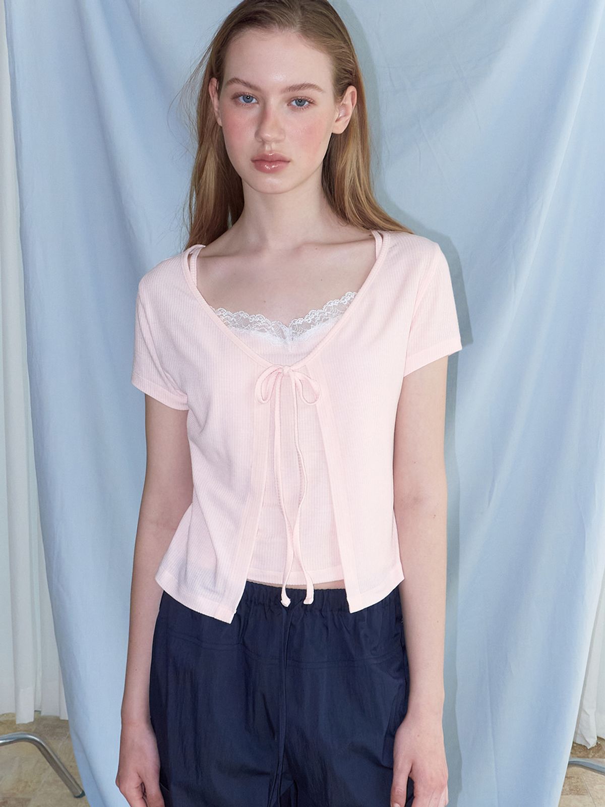 에트몽(ETMON) Lace Layered Cardigan T-Shirt, Pink