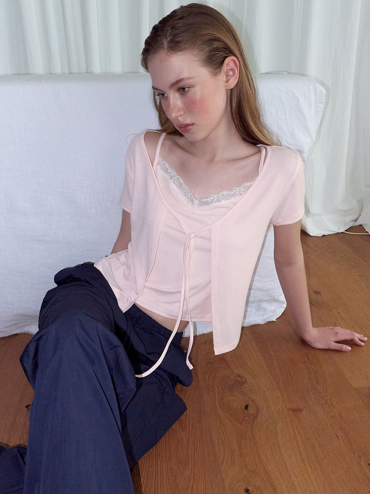 에트몽(ETMON) Lace Layered Cardigan T-Shirt, Pink