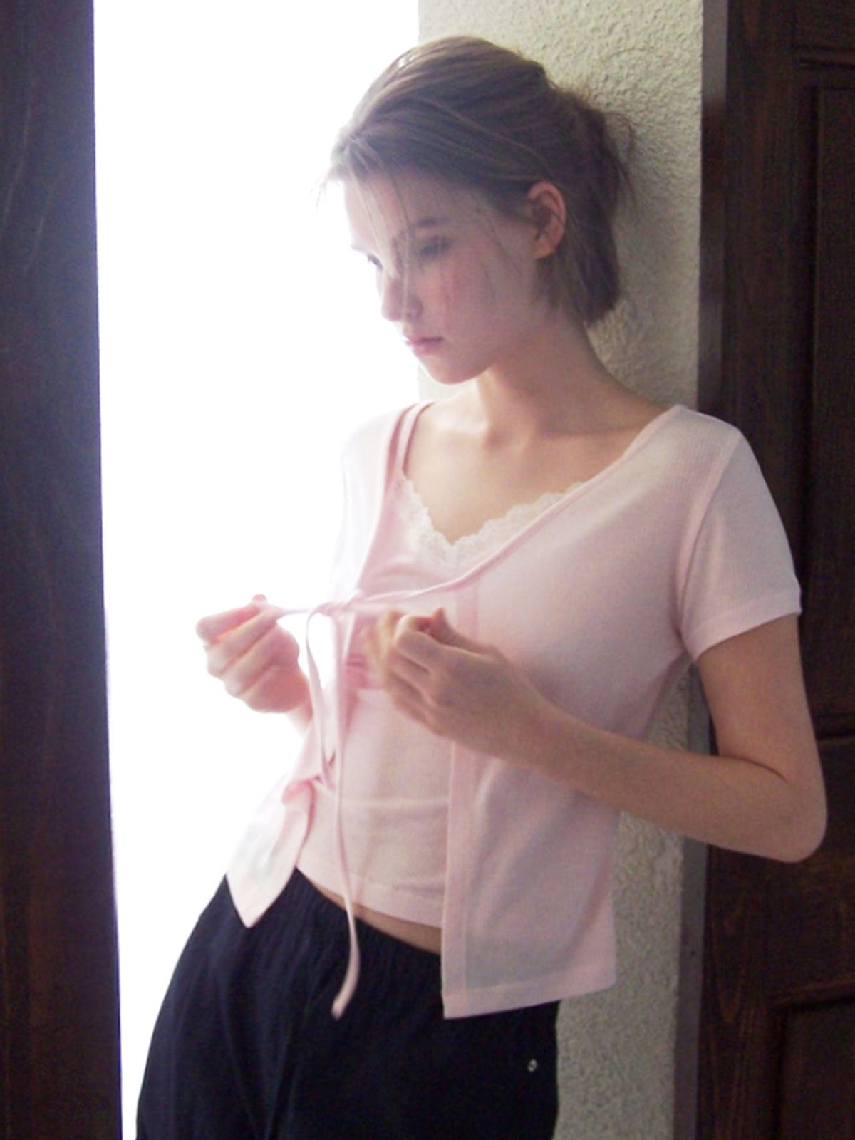 에트몽(ETMON) Lace Layered Cardigan T-Shirt, Pink