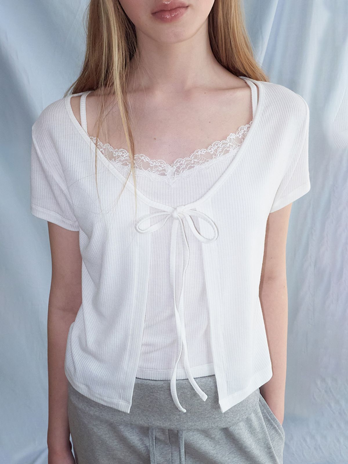 에트몽(ETMON) Lace Layered Cardigan T-Shirt, White