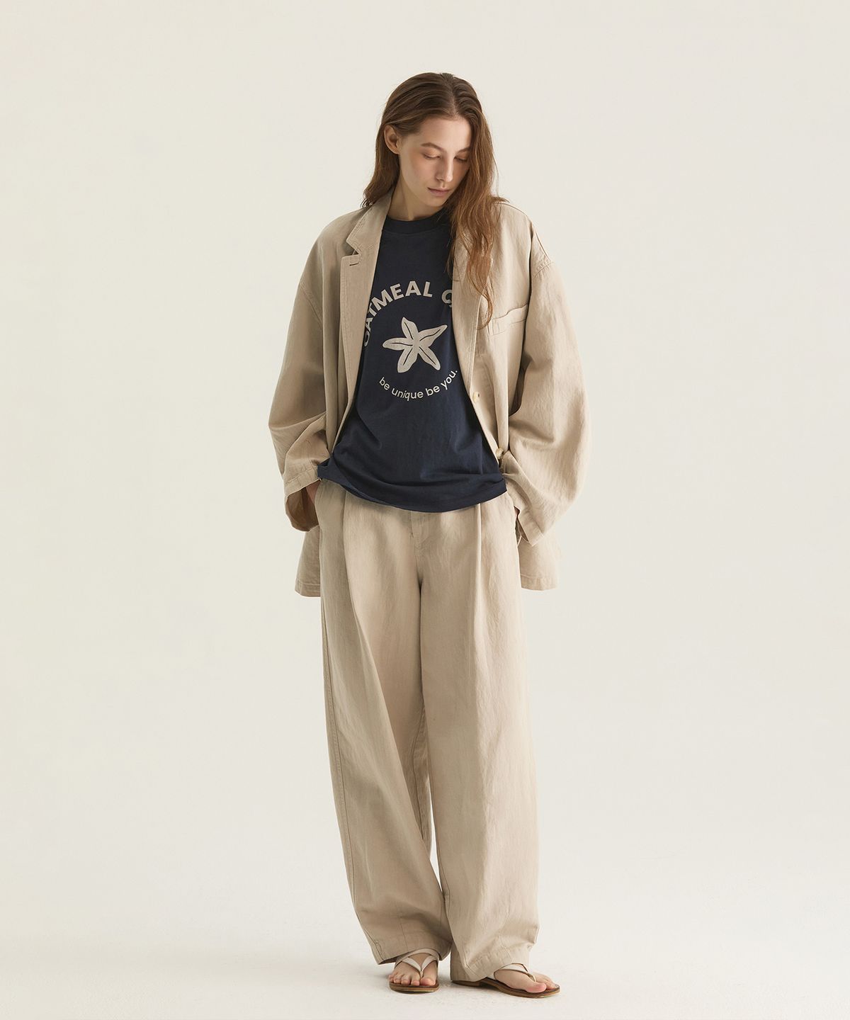 오트밀카페(OATMEAL CAFE) [UNISEX] 다잉 테이퍼드 밴딩 팬츠 - 베이지
