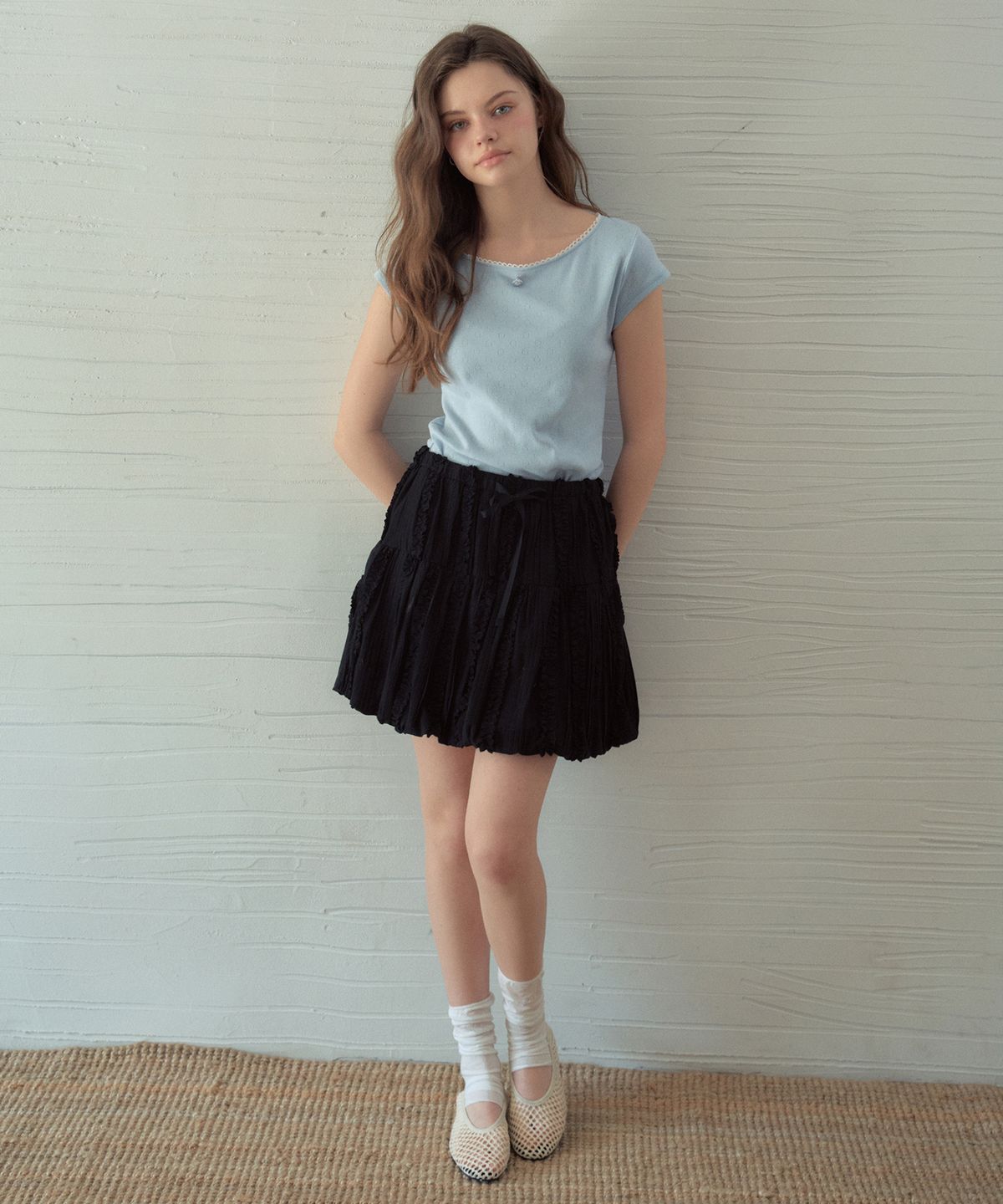 아우어노스텔지아(OURNOSTALGIA) Bubble Lace Boat Neck T-Shirt_Light Blue(OB6TP09)