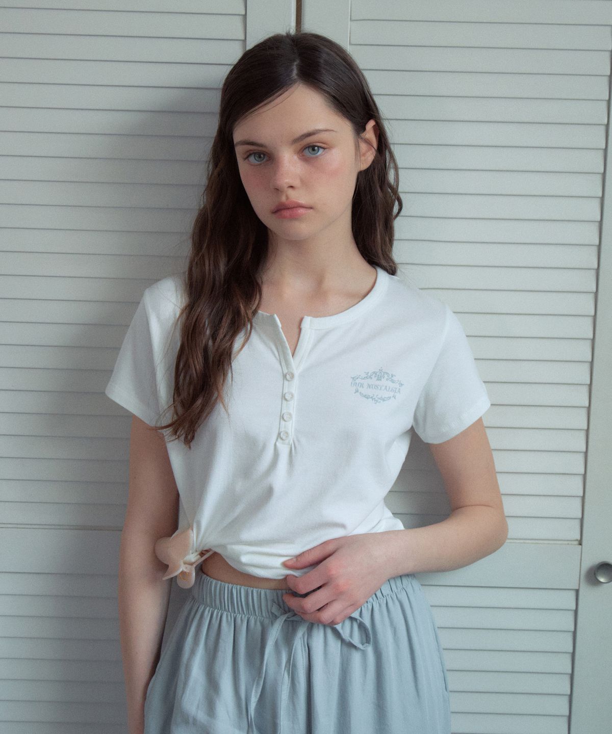 아우어노스텔지아(OURNOSTALGIA) Henley Print Half T-Shirt_Ivory(OB6TP11)