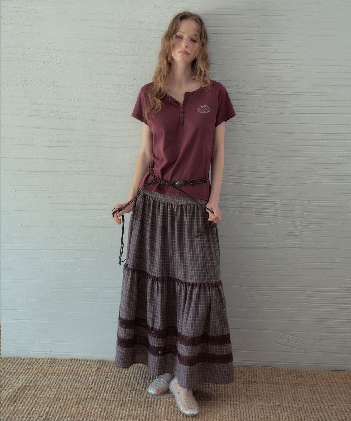 아우어노스텔지아(OURNOSTALGIA) Henley Print Half T-Shirt_Wine(OB6TP11)