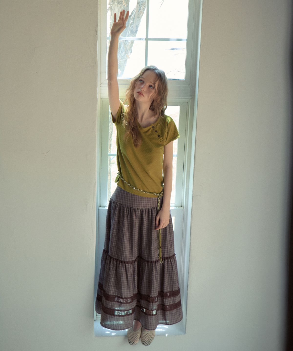 아우어노스텔지아(OURNOSTALGIA) Jacquard Button Half T-Shirt_Vintage Olive(OB6TP15)