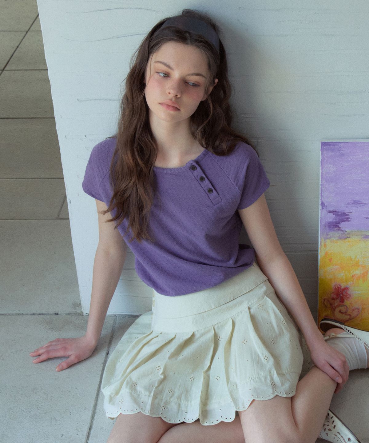 아우어노스텔지아(OURNOSTALGIA) Jacquard Button Half T-Shirt_Vintage Purple(OB6TP15)