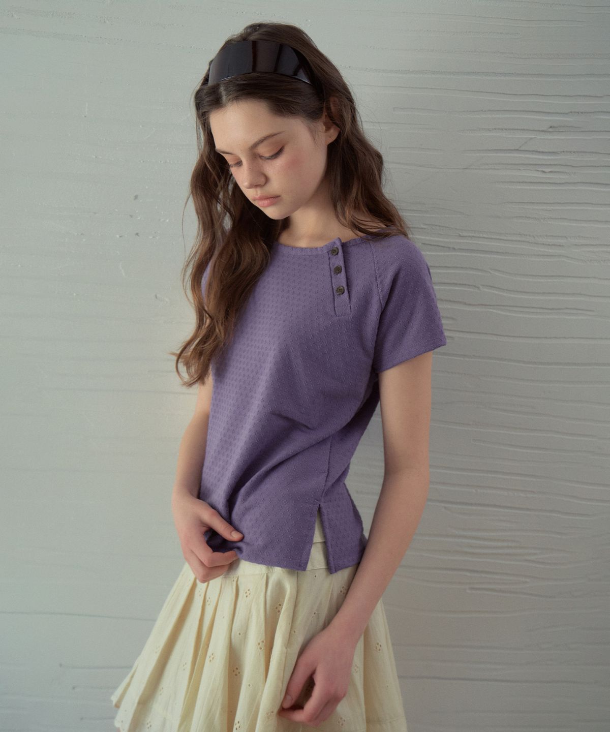 아우어노스텔지아(OURNOSTALGIA) Jacquard Button Half T-Shirt_Vintage Purple(OB6TP15)