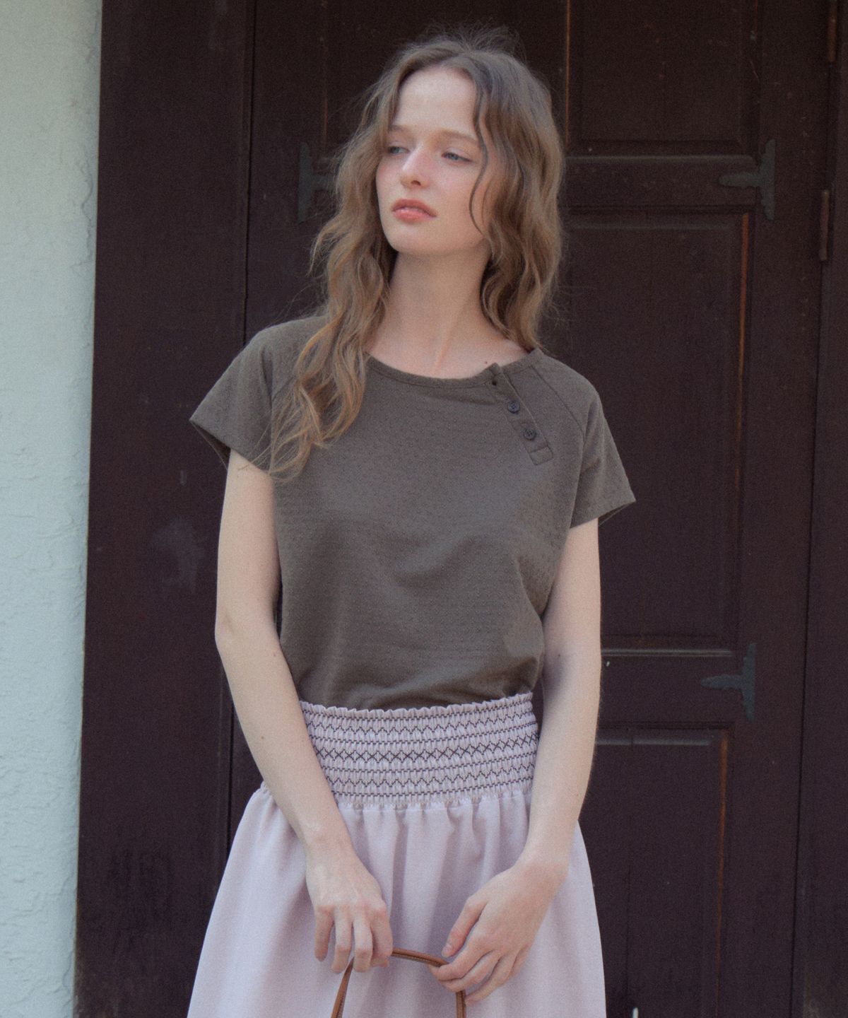아우어노스텔지아(OURNOSTALGIA) Jacquard Button Half T-Shirt_Brown(OB6TP15)
