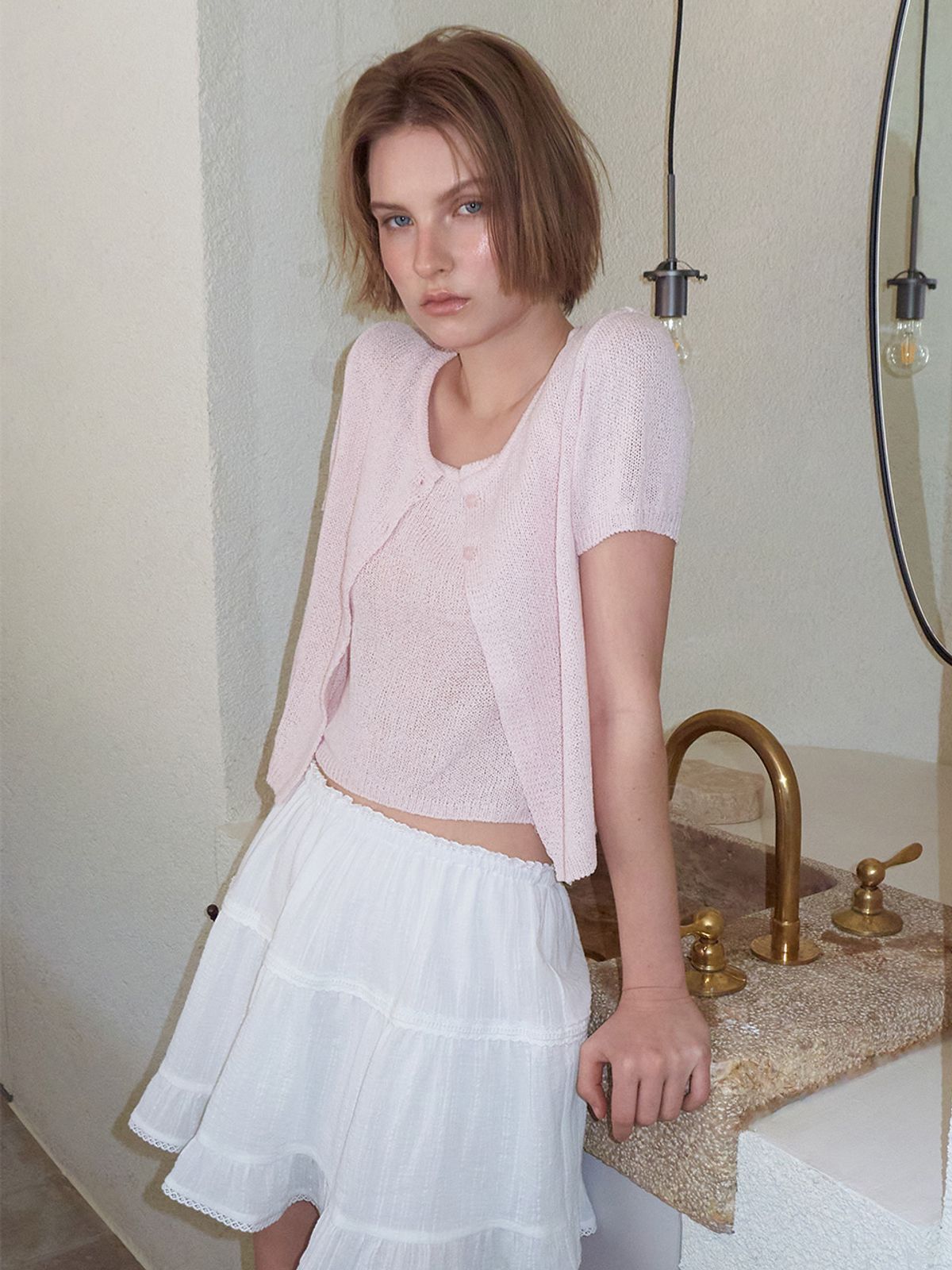 에트몽(ETMON) Two Button Cardigan SET, Light Pink