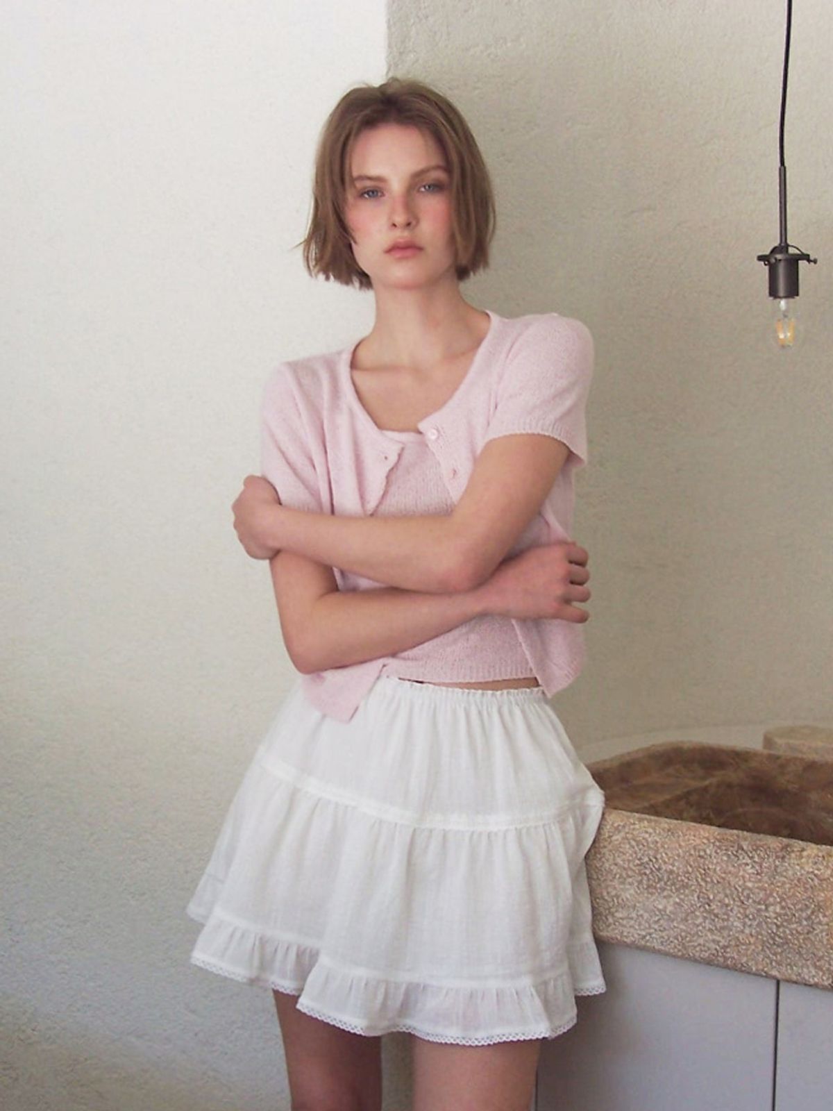 에트몽(ETMON) Lace Tiered Mini Skirt, White