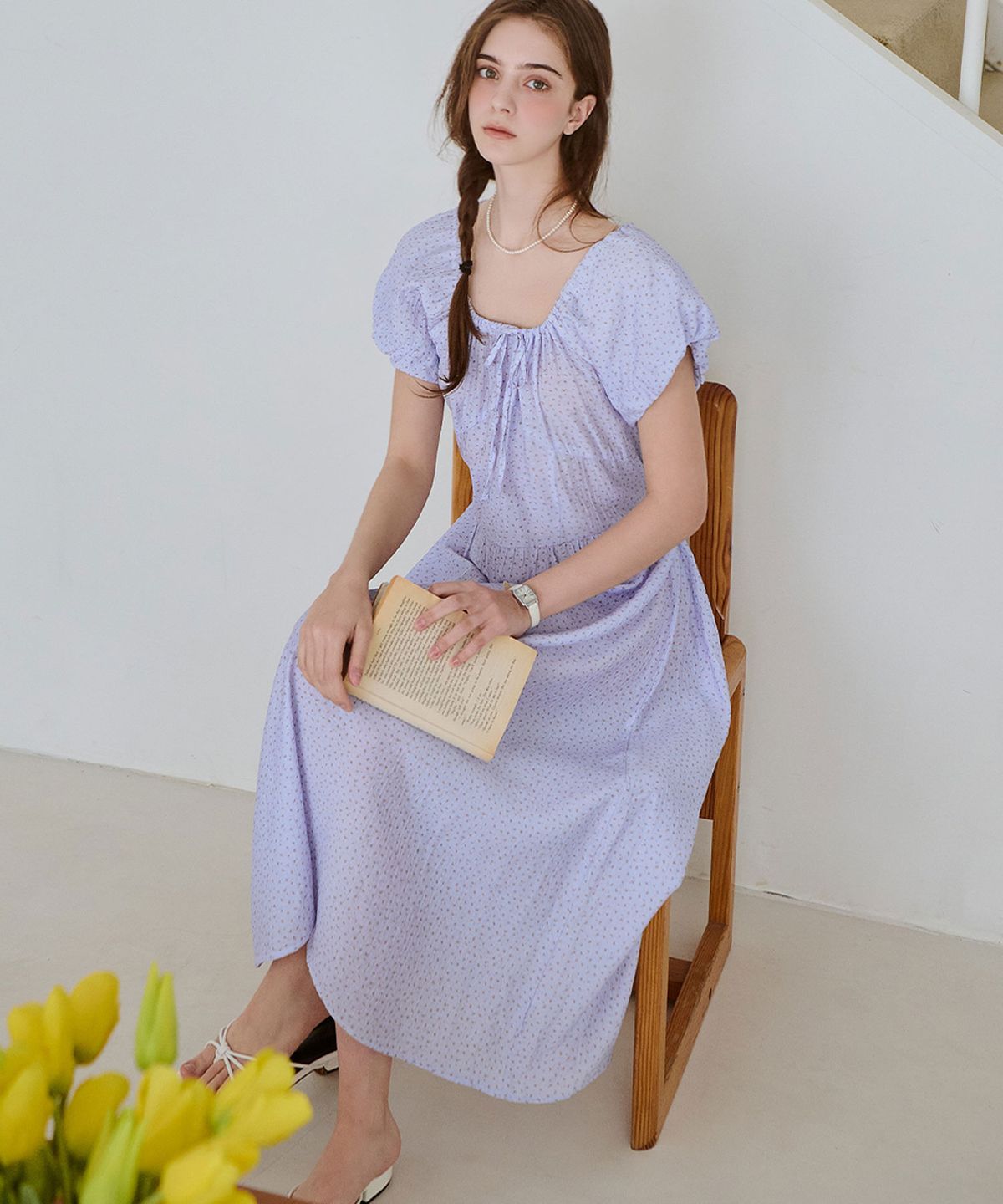 슬로우롤리(SLOWLOLLI) Blossom shirring long dress - Blue