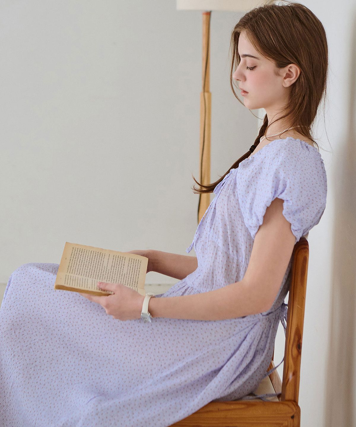 슬로우롤리(SLOWLOLLI) Blossom shirring long dress - Blue
