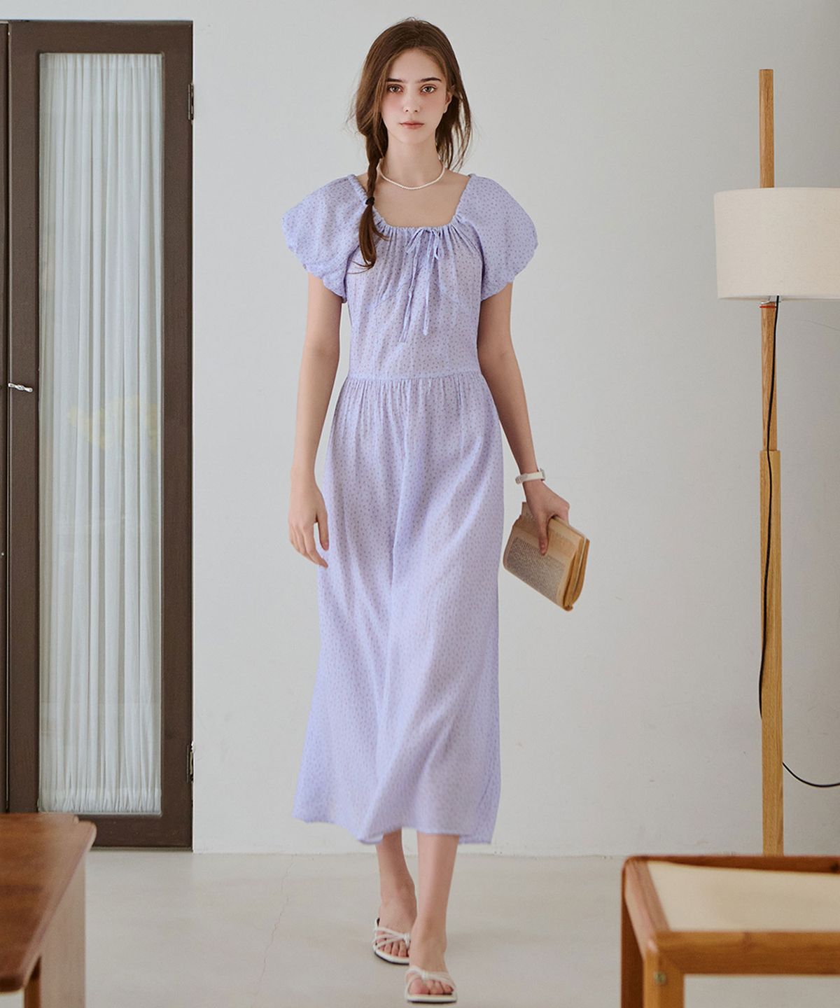 슬로우롤리(SLOWLOLLI) Blossom shirring long dress - Blue